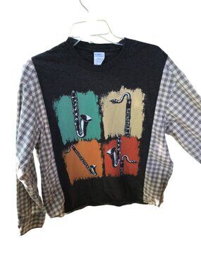 Upcycled Reworked Graphic T-Shirt, Saxophone Theme Plaid Shirt, Size S - M